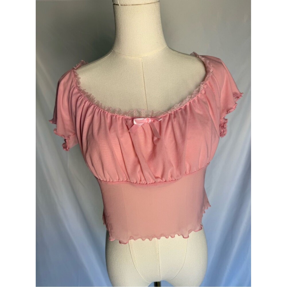 Sugar Thrillz Soft Pink Coquette Milkmaid Mesh Crop Top Large Lettuce Trim